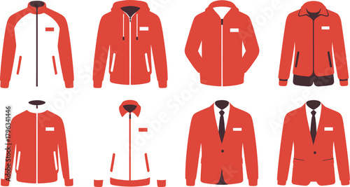 Assorted Red and White Jackets and Blazers Apparel on a White Background