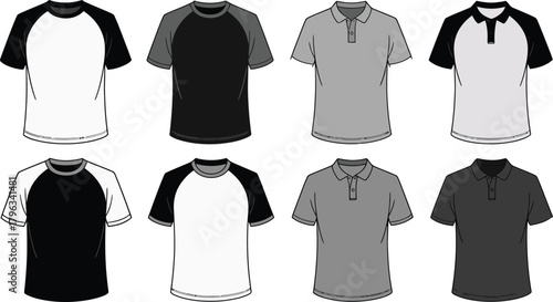 Assorted TShirt and Polo Shirt Designs in Black, White, and Gray Illustration