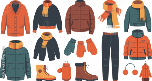 Assortment of Winter Clothing Jackets, Sweaters, Scarves, Mittens, Boots, and Pants in Various Colors