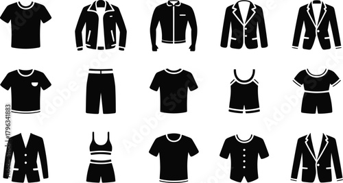 Black and White Icons Illustrating Shirts, Jackets, Blazers, and Shorts in Various Styles