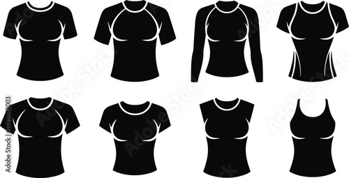 Black and White Illustration of Eight Female TShirts with Varying Sleeve Lengths and Styles