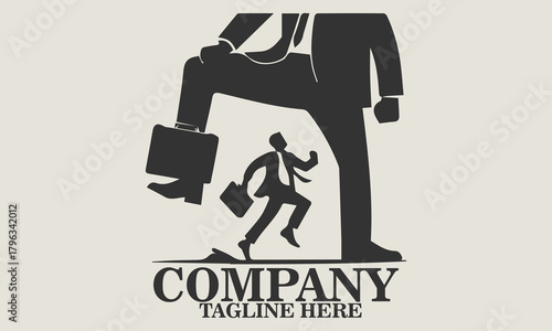Vector illustration of a small businessman running away from a giant figure in a business suit about to step on him, metaphorical vector illustration of job pressure. Underdog day icon
