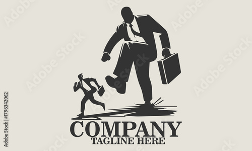 Vector illustration of a small businessman running away from a giant figure in a business suit about to step on him, metaphorical vector illustration of job pressure. Underdog day icon
