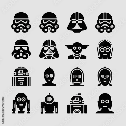 Galactic Sci-Fi Character and Robot Black Silhouette Icon Set