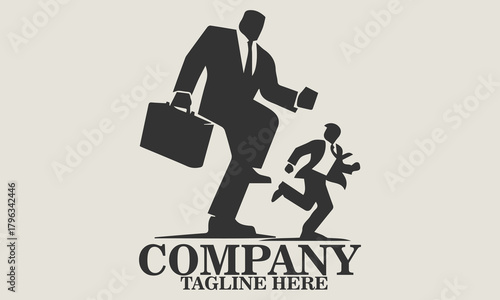 Vector illustration of a small businessman running away from a giant figure in a business suit about to step on him, metaphorical vector illustration of job pressure. Underdog day icon