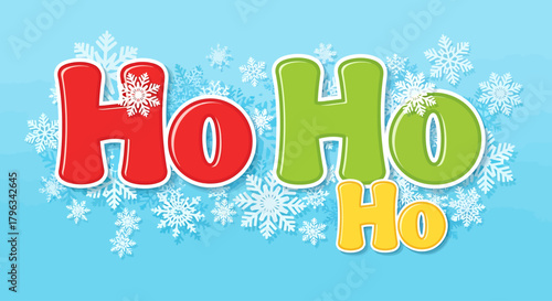 Festive Ho Ho Ho Christmas Greeting with Snowflakes on Bright Blue Background