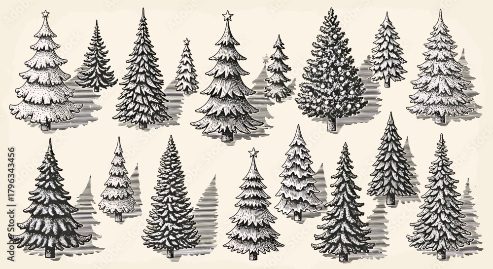 Obraz premium Collection of Hand Drawn Christmas Trees