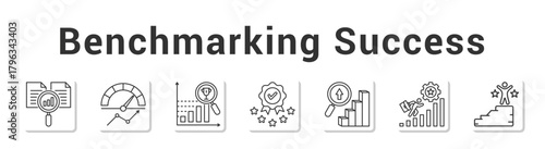 Benchmarking Success  Modern and clean web banner illustration vector featuring thematic icons”