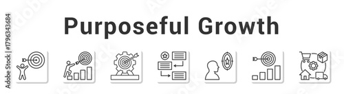 Purposeful Growth  Modern and clean web banner illustration vector featuring thematic icons”