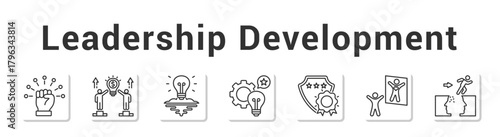 Leadership Development  Modern and clean web banner illustration vector featuring thematic icons”