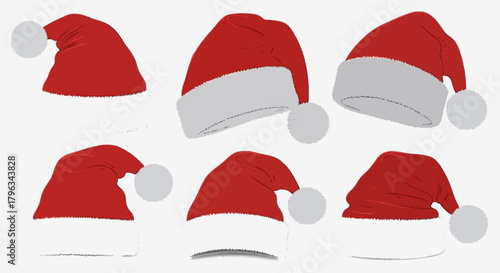 Realistic set of red santa hats. New Year red hat. - stock vector.