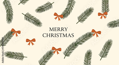 Elegant Minimalist Merry Christmas Background with Falling Pine Boughs and Orange Bows