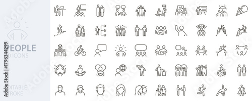 People, human figures, and social interaction line icon set. Teamwork, diversity, activities, business. Vector thin line editable stroke icons
