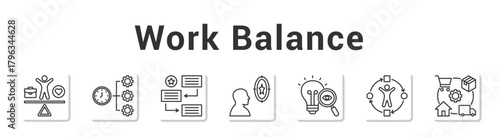 Work Balance  Modern and clean web banner illustration vector featuring thematic icons”