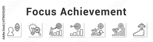 Focus Achievement  Modern and clean web banner illustration vector featuring thematic icons”