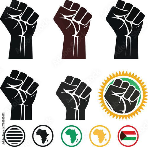 Kwanzaa african culture Black fist symbols and African continent icons with flags raised fist black power