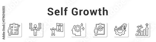 Self Growth  Modern and clean web banner illustration vector featuring thematic icons”