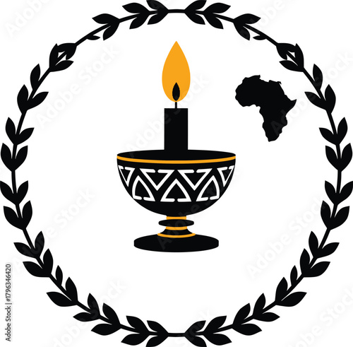Kwanzaa african culture Black laurel wreath encircles lit candle in ornate bowl with Africa map silhouette