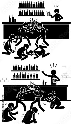 Bar Fight, Brawl, and Violence Under the Influence of Alcohol Stick Figures