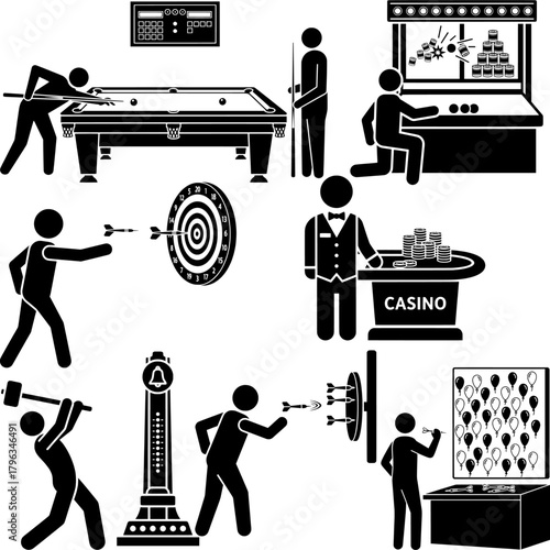 Arcade, Casino, and Fairground Games Black Silhouette Icons