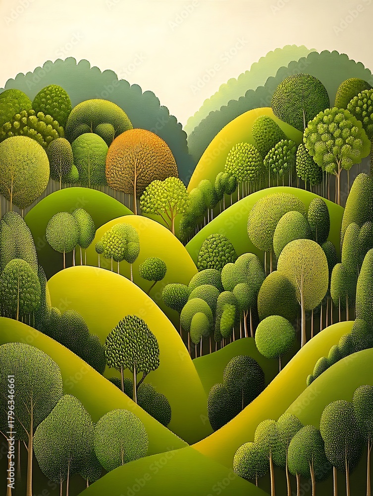 Fototapeta premium Abstract Green Hills Landscape, Stylized Nature Illustration