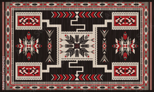 Navajo storm pattern rug style vector.Sacred mountain symbolism with central rectangular motif connecting four corners.Representing weather,lightning.Carpet southwestern tribal geometric illustration.