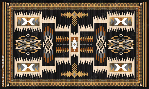 Navajo storm pattern rug style vector.Sacred mountain symbolism with central rectangular motif connecting four corners.Representing weather,lightning.Carpet southwestern tribal geometric illustration.