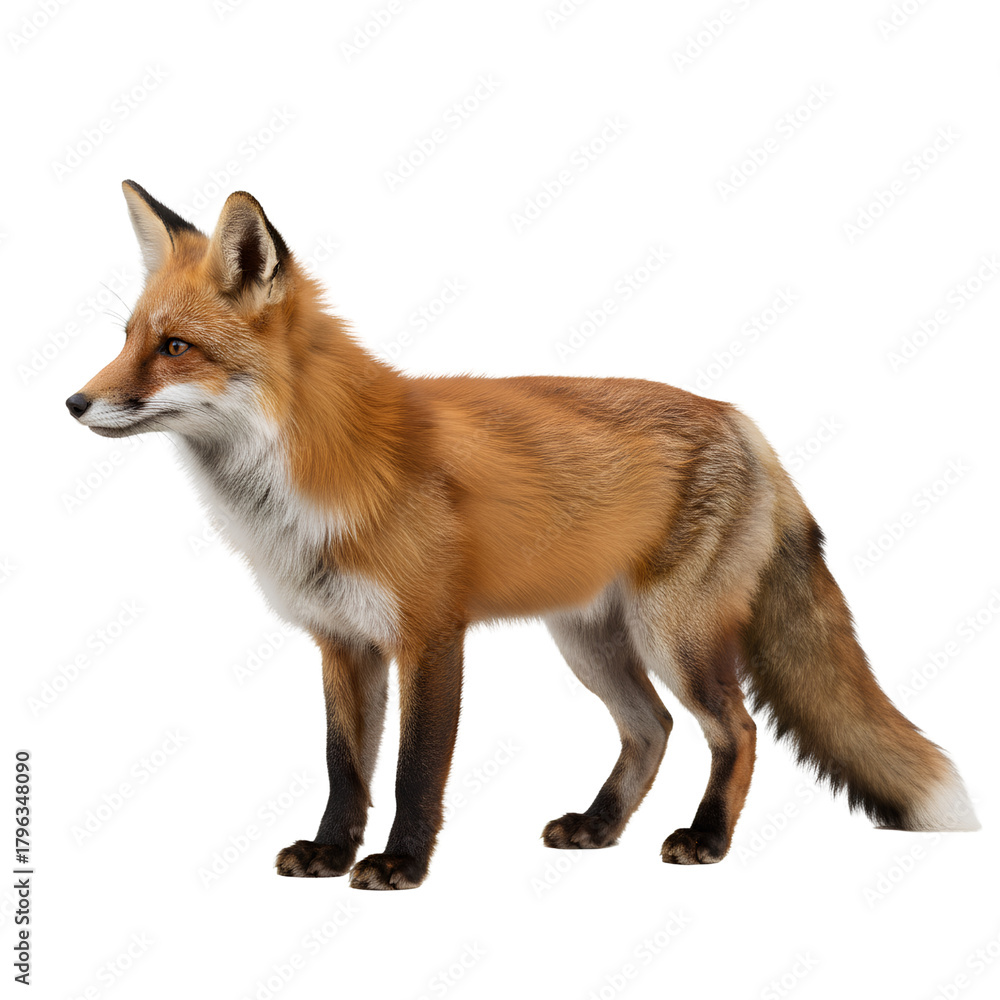 Fototapeta premium Red fox vulpes standing on white background portrait cute young wild animal side view