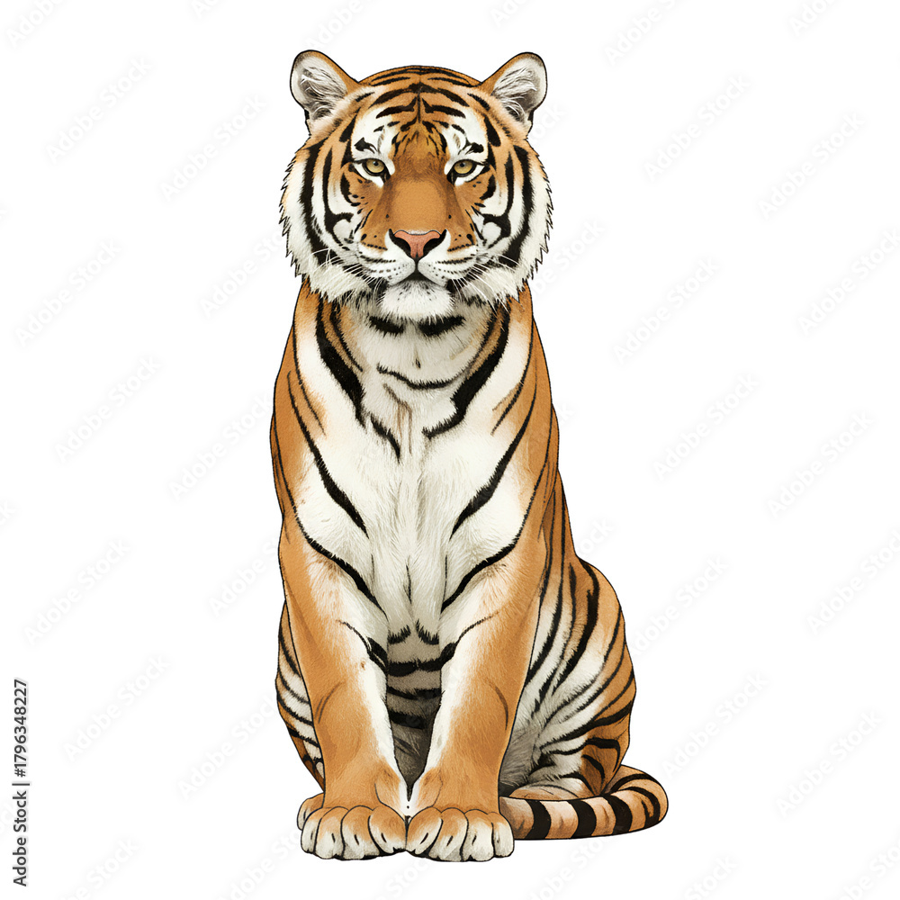 Obraz premium Tiger isolated on white background with stripes and wildlife features