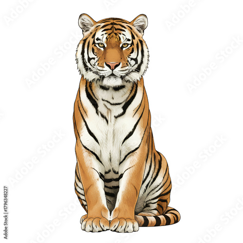 Tiger isolated on white background with stripes and wildlife features