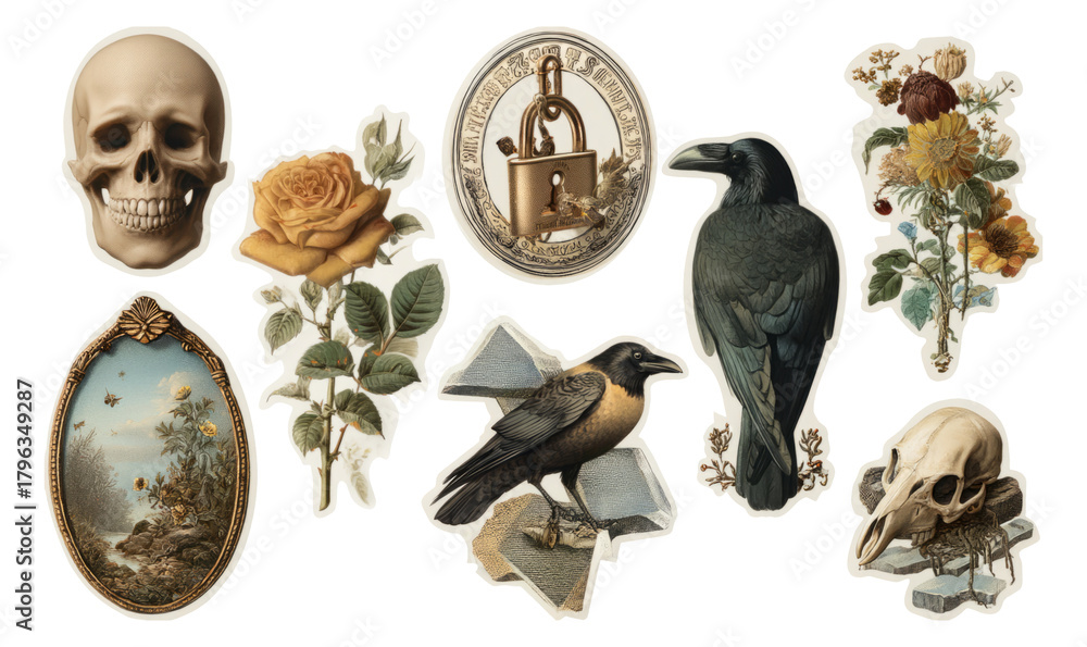 Fototapeta premium Vintage Collage of Natural Elements and Artistic Objects with Skull and Raven
