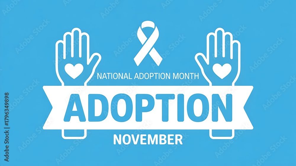 Fototapeta premium National adoption month november graphic with open hands hearts and awareness ribbon symbolizing love and family building