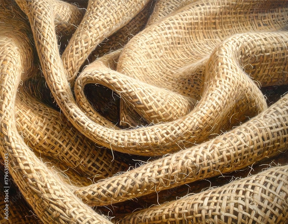 Fototapeta premium Close-up of draped burlap fabric creating a textured, organic pattern in warm brown tones