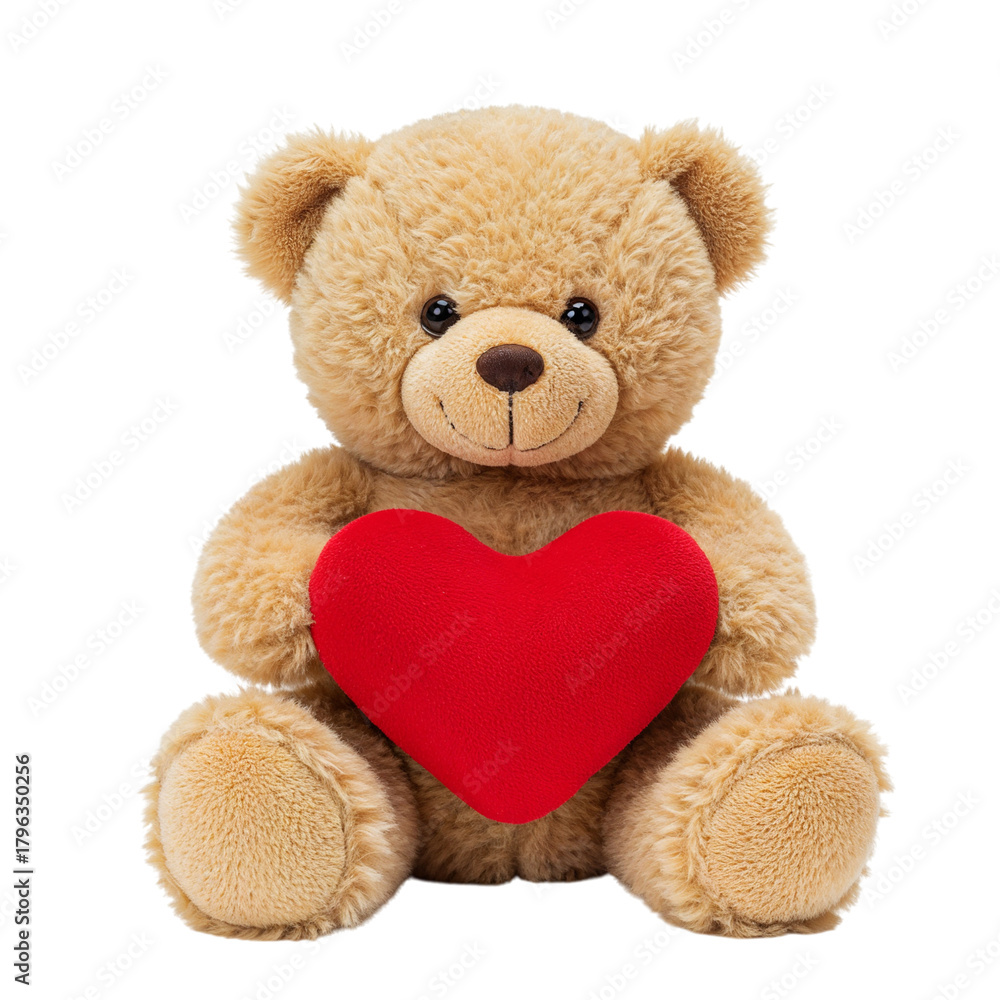 Fototapeta premium Adorable teddy bear holding a bright red heart symbol for love and affection isolated on transparent background