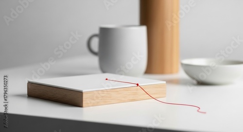 Minimalist deskscape Wood  white box with red thread amidst muted ceramics