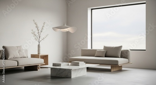 Minimalist living space Beige sofas marble coffee table  serene window view