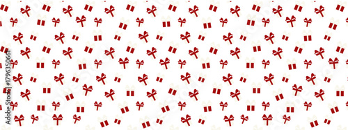 A festive seamless pattern of scattered red and white gift boxes with decorative bows.