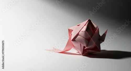 Pink origami creature stands on a subtly lit surface