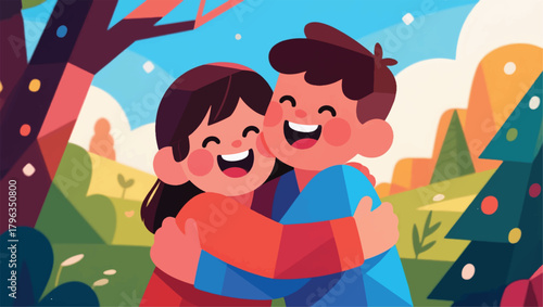 Illustration Of Siblings Hugging Each Other Vector Design Template