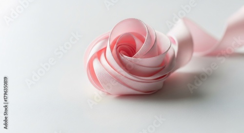 Pink ribbon rose on white backdrop a delicate handcrafted bloom of soft texture