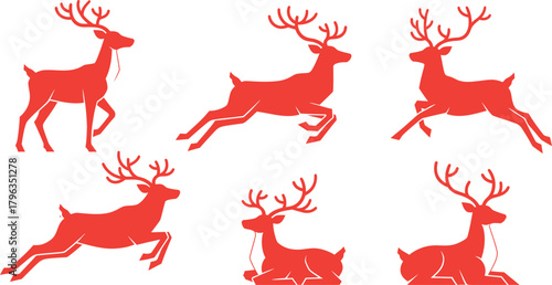 Dynamic Red Reindeer Silhouette Set – Six Stags in Running, Leaping, and Resting Poses with Antlers, Ideal Vector Graphics for Christmas Sleigh and Holiday Action Themes