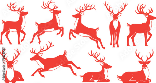 Comprehensive Red Reindeer Silhouette Set – 10 Detailed Stags in Diverse Poses: Walking, Running, Jumping, Front View, and Sitting, Perfect for Christmas Holiday Design and Vector Icons