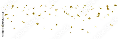 A festive cascade of shiny, metallic gold foil confetti pieces, curled and falling in a wide celebratory banner.