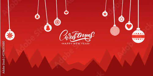 Red Christmas greeting banner with white hanging ornaments and elegant script typography.