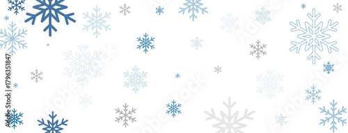A pattern of various blue and grey stylized snowflakes, some solid and some outlined.