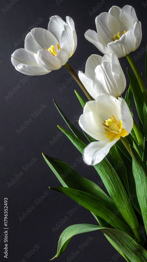 Fototapeta premium Close-up of four white tulips with green leaves against a dark gray background