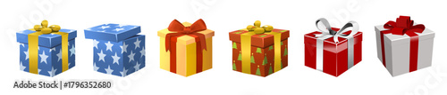 A colorful collection of six illustrated gift boxes with festive wrapping paper and ribbons.