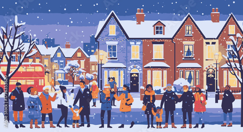 A vibrant illustration of a snowy winter street scene with diverse people, terraced houses, and a red bus.
