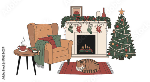 A cozy Christmas living room illustration with a fireplace, decorated tree, armchair, and a sleeping cat.