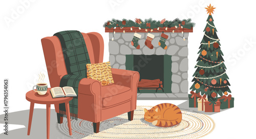 Cozy Christmas scene with a fireplace, decorated tree, armchair, and a sleeping cat.